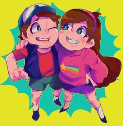 1boy 1girl braces brother_and_sister brown_eyes brown_hair dipper_pines gravity_falls hachiyume hairband hat long_hair long_sleeves mabel_pines shirt short_hair shorts siblings skirt smile sweater turtleneck twins