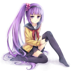 Rule 34 | 1girl, adjusting clothes, adjusting legwear, alternate hairstyle, black thighhighs, contemporary, female focus, full body, gradient background, hagiwara rin, hairband, long hair, lowres, no shoes, official alternate costume, ponytail, purple eyes, purple hair, school uniform, serafuku, side ponytail, simple background, sitting, solo, sophie (tales), tales of (series), tales of graces, thighhighs, thighhighs pull, very long hair, white background