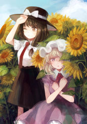 Rule 34 | 2girls, arm up, black headwear, black skirt, blonde hair, blue sky, blush, bow, breasts, brown eyes, brown hair, cloud, commentary request, day, dress, eyebrows hidden by hair, feet out of frame, field, flower, flower field, hair bow, hat, hat bow, highres, maribel hearn, mob cap, mozukuzu (manukedori), multiple girls, neck ribbon, necktie, one eye closed, one eye covered, outdoors, parted lips, purple dress, purple eyes, red ribbon, ribbon, shirt, short hair, short sleeves, skirt, sky, small breasts, standing, sunflower, sunflower field, touhou, usami renko, white bow, white headwear, white shirt