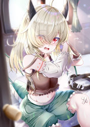 1girl, absurdres, ahoge, armor, bandaid, bandaid on knee, belt, belt removed, black belt, blonde hair, breastplate, brown choker, brown shirt, choker, commentary request, crop top, curtains, day, detached sleeves, dragon girl, dragon horns, dragon tail, dragon wings, eyebrows visible through hair, eyes visible through hair, green shorts, hair over one eye, highres, horns, inori (princess connect!), long hair, long sleeves, looking at viewer, navel, on bed, open door, open mouth, princess connect!, princess connect! re:dive, red eyes, shirt, shorts, single detached sleeve, sitting, sitting on bed, solo, star (symbol), star choker, tail, takemura kou, twintails, tying hair, window, wings, wrist cuffs