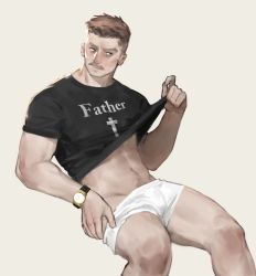 Rule 34 | 1boy, absurdres, bara, black shirt, blue eyes, boxer briefs, brown hair, closed mouth, clothes lift, facial hair, highres, large pectorals, lifted by self, male focus, male underwear, male underwear pull, muscular, muscular male, mustache, navel, original, pectorals, shirt, shirt lift, short hair, simple background, solo, thighs, undercut, underwear, watch, white male underwear, wristwatch, yuuko (yuuko891)