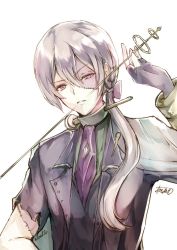 Rule 34 | 1boy, atoatto, european clothes, scar on face, fingerless gloves, fire emblem, fire emblem fates, gloves, jakob (fire emblem), looking at viewer, male focus, nintendo, ponytail, purple eyes, scar, scar on cheek, scar on face, stitches, white hair