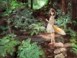 Rule 34 | 1girl, bare shoulders, barefoot, brown eyes, brown hair, dress, forest, fox tail, highres, looking at viewer, looking to the side, matching hair/eyes, nature, original, short hair, solo, sundress, tail, tree, umishima senbon