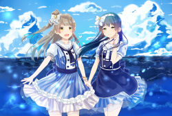 Rule 34 | 2girls, blue dress, blue hair, commentary request, cowboy shot, dress, grey hair, hair between eyes, hair ribbon, highres, holding hands, long hair, looking at viewer, love live!, love live! school idol festival, love live! school idol project, minami kotori, multiple girls, one side up, open mouth, ribbon, sailor collar, sonoda umi, striped, tsuki yue-shushushu, yellow eyes
