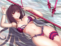 Rule 34 | 1girl, bikini, board game, breasts, breasts apart, brown hair, day, fate/grand order, fate (series), go (board game), large breasts, bridal garter, long hair, lying, nail polish, navel, on back, open mouth, outdoors, rain, red eyes, scathach (fate), scathach (fate/grand order), scathach (swimsuit assassin) (fate), solo, swimsuit, water, wet, wet hair, wide hips, xyomouse