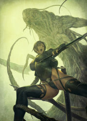 Rule 34 | 1girl, black hair, boots, breasts, commentary request, cropped jacket, dual wielding, from below, giant, gloves, hair between eyes, highres, holding, holding sword, holding weapon, homare (fool&#039;s art), jacket, leather, leotard, monster, open mouth, original, partially fingerless gloves, sheath, short hair, sword, tentacles, thigh boots, thighhighs, weapon