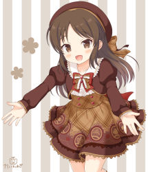 Rule 34 | 1girl, :d, beret, blush, bow, bowtie, brown bow, brown eyes, brown hair, brown hat, brown shirt, brown skirt, collarbone, collared shirt, commentary request, frilled shirt, frills, hat, head tilt, idolmaster, idolmaster cinderella girls, idolmaster cinderella girls starlight stage, juliet sleeves, kaiware-san, long sleeves, looking at viewer, open mouth, outstretched arms, parted bangs, plaid, plaid bow, plaid skirt, print skirt, puffy sleeves, red bow, red bowtie, shirt, skirt, sleeves past wrists, smile, solo, standing, standing on one leg, striped, striped background, tachibana arisu, vertical stripes, white shirt