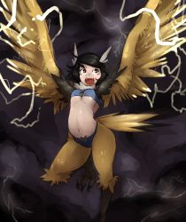 Rule 34 | 1girl, bird legs, bird tail, black hair, blue tube top, bob cut, breasts, commentary, commission, creatures (company), electricity, english commentary, feathered wings, feathers, flying, full body, galaxyspark, game freak, gen 1 pokemon, harpy, head wings, highres, legendary pokemon, lightning, looking to the side, looking up, midriff, monster girl, navel, neck ruff, nintendo, open mouth, outstretched arms, personification, pokemon, short hair, small breasts, solo, storm cloud, strapless, tail, talons, thunder, tube top, underboob, winged arms, wings, yellow eyes, yellow feathers, yellow wings, zapdos