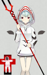 Rule 34 | 1girl, ayanami rei, bident, blue hair, cosplay, hasesese, hood, hoodie, lance, lance of longinus (evangelion), lilith (evangelion), mass production eva, mass production eva (cosplay), neon genesis evangelion, pale skin, polearm, red eyes, short hair, solo, weapon