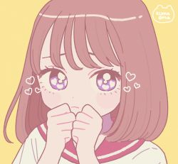 Rule 34 | 1girl, artist name, brown hair, clenched hands, closed mouth, commentary, emma (kumaema), heart, highres, looking at viewer, medium hair, original, own hands together, portrait, purple hair, red sailor collar, sailor collar, simple background, solo, symbol-only commentary, yellow background