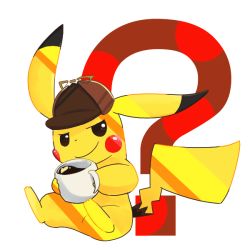 Rule 34 | ?, bad id, bad pixiv id, clothed pokemon, coffee, commentary request, creatures (company), deerstalker, detective pikachu, detective pikachu (character), detective pikachu (game), game freak, gen 1 pokemon, hat, hayanie (hotototogi), md5 mismatch, nintendo, no humans, pikachu, pokemon, pokemon (creature), smirk