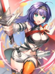 Rule 34 | 1girl, :d, armband, belt, belt buckle, blue eyes, blue hair, blurry, blurry background, buckle, cape, detached sleeves, fingerless gloves, fire emblem, fire emblem: path of radiance, fire emblem heroes, foreshortening, gloves, grey gloves, headband, highres, holding, holding sheath, holding sword, holding weapon, long hair, looking at viewer, mia (fire emblem), midriff, navel, nintendo, official alternate costume, open mouth, red cape, ribbon, sheath, short shorts, shorts, smile, solo, sparkle, sword, thighhighs, thighs, unsheathed, watermark, weapon, wristband, youhei choregi