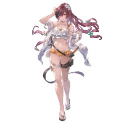 Rule 34 | 1girl, bandages, bandaged arm, bandages, bikini, bikini top only, breasts, brown hair, flower, full body, granblue fantasy, hair flower, hair ornament, holster, knife, long hair, looking at viewer, medium breasts, meg (granblue fantasy), midriff, needle, official art, parted lips, pouch, red eyes, sandals, scar, sheath, sheathed, solo, standing, swimsuit, thigh holster, transparent background
