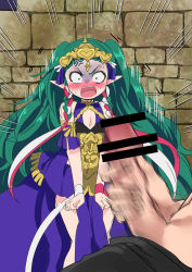 Rule 34 | 1boy, 1girl, angry, blush, braid, byleth (fire emblem), byleth (male) (fire emblem), censored, clothes pull, embarrassed, erection, fire emblem, fire emblem: three houses, flat chest, green eyes, green hair, hair ornament, highres, kouji (kari), long hair, masturbation, multicolored hair, nintendo, open mouth, pants, pants pull, penis, pointy ears, ribbon, solo focus, sothis (fire emblem), tiara, twin braids