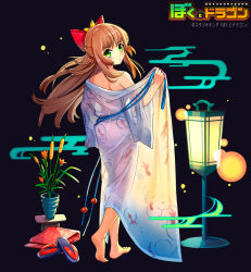 Rule 34 | 1girl, barefoot, black background, blush, bokutodragon, bow, brown hair, closed mouth, dot mouth, from behind, green eyes, hair bow, japanese clothes, kagawa ichigo, kimono, lamp, logo, long hair, looking at viewer, looking back, official art, open clothes, open kimono, plant, potted plant, red bow, sandals, unworn sandals, see-through silhouette, solo, white kimono