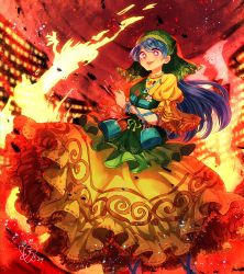 Rule 34 | 1girl, absurdres, apron, arm ribbon, bad id, bad pixiv id, between fingers, blue hair, bright pupils, commentary request, dated, dress, embers, fire, flower, green apron, haniyasushin keiki, head scarf, highres, holding, jewelry, leg ribbon, long hair, magatama, magatama necklace, necklace, open mouth, partial commentary, petticoat, pink eyes, pocket, ribbon, signature, single strap, solo, teeth, tools, touhou, upper teeth only, yellow dress, yukkyon kyon