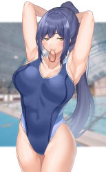 Rule 34 | 1girl, absurdres, arms behind head, blue hair, blue one-piece swimsuit, breasts, collarbone, commentary request, competition swimsuit, covered navel, cowboy shot, highres, large breasts, mole, mole under eye, mouth hold, nijisanji, one-piece swimsuit, ponytail, rubber band, shizuka rin, short hair, skysign ft, solo, standing, swimsuit, virtual youtuber, yellow eyes