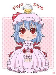 Rule 34 | 1girl, bird, chibi, chick, eggshell, fang, fang out, female focus, full body, hat, highres, mob cap, outside border, pink background, pink hat, red eyes, remilia scarlet, solo, touhou