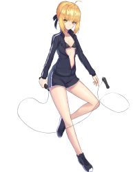 Rule 34 | 1girl, absurdres, ahoge, artoria pendragon (all), artoria pendragon (fate), bare legs, bikini, black bikini, black footwear, black jacket, black shorts, braid, braided bun, closed mouth, fate/stay night, fate (series), full body, hair bun, highres, holding, jacket, long legs, looking at viewer, lordol, open clothes, open jacket, saber alter, shoes, short shorts, shorts, sidelocks, simple background, solo, swimsuit, track jacket, white background