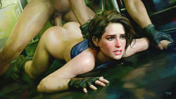 Rule 34 | 1boy, 1girl, ass, blue eyes, blue tube top, boots, bottomless, brown hair, clothed female nude male, dark-skinned male, dark skin, fingerless gloves, forehead, gloves, head out of frame, hetero, implied rape, jill valentine, lips, looking afar, lying, male pubic hair, nude, on stomach, paid reward available, penis, prone bone, pubic hair, pushing down, redesign, resident evil, resident evil 3, resident evil 3: nemesis, resident evil 3 (remake), sex, sex from behind, short hair, solo focus, strapless, stray (artist), tube top, uncensored, vaginal