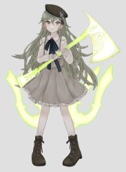 Rule 34 | 1boy, akitama2727, axe, beret, black hat, boots, brown footwear, closed mouth, crossdressing, full body, green eyes, green hair, grey background, grey skirt, hair between eyes, hat, holding, holding axe, long hair, looking at viewer, pinocchio (sinoalice), reality arc (sinoalice), shirt, simple background, sinoalice, skirt, solo, standing, trap, white shirt