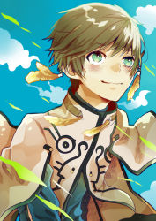 Rule 34 | 10s, 1boy, blue background, brown hair, capelet, cloud, day, earrings, feathers, green eyes, jewelry, male focus, sky, smile, solo, sorey (tales), tales of (series), tales of zestiria, vasimoneta