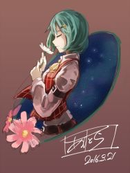 Rule 34 | 1girl, arm belt, arm garter, ascot, asutora, belt, brown background, closed eyes, closed mouth, dated, flower, from side, green hair, hair ornament, hairclip, holding, holding flower, juliet sleeves, kazami yuuka, light smile, long sleeves, one-hour drawing challenge, open clothes, open vest, plaid, plaid skirt, plaid vest, profile, puffy sleeves, short hair, signature, sketch, skirt, skirt set, sky, smelling flower, solo, star (sky), starry sky, touhou, upper body, vest