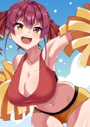Rule 34 | 1girl, blush, breasts, cheerleader, for-somebody, heterochromia, hololive, houshou marine, looking at viewer, red eyes, red hair, ribbon, smile, solo, twintails, virtual youtuber, yellow eyes