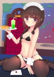 Rule 34 | 10s, 1girl, bare shoulders, bikini, black hair, blue eyes, blush, braid, breasts, chair, cleavage, drink, food, kantai collection, kitakami (kancolle), long hair, looking at viewer, maid, maid bikini, maid headdress, map, omelet, omurice, purple eyes, single braid, sitting, smile, solo, squatting, swimsuit, thighhighs, tray, unconventional maid, yoshiheihe