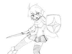 Rule 34 | 1girl, boots, camel (dansen), character request, female focus, monochrome, shield, skirt, solo, sword, thighhighs, weapon