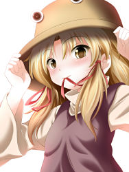 Rule 34 | 1girl, bad id, bad pixiv id, blonde hair, blush, close-up, female focus, flat chest, hand on headwear, hat, highres, looking down, moriya suwako, mouth hold, ribbon, ribbon in mouth, solo, sui. (ayase), touhou, yellow eyes