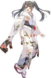 Rule 34 | 1girl, arrow (projectile), burnt clothes, floral print, full body, fur-trimmed kimono, fur trim, furisode, green eyes, grey hair, hamaya, japanese clothes, kantai collection, kimono, konishi (koconatu), long hair, looking at viewer, obi, official art, open mouth, round teeth, sandals, sash, solo, standing, teeth, third-party source, transparent background, twintails, upper teeth only, white kimono, zouri, zuikaku (kancolle)