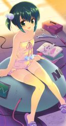 Rule 34 | 1girl, absurdres, arm support, blueprint (object), book, green eyes, green hair, highres, hiiragi noa, legs, looking at viewer, matching hair/eyes, mm!, open mouth, original, sakura koharu, screw, screwdriver, shiny skin, short hair, sitting, skindentation, slippers, solo, thigh gap, thighhighs, tools, twintails, wrench, zettai ryouiki