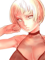 Rule 34 | 1girl, bad id, bad pixiv id, blonde hair, breasts, choker, cleavage, dodai shouji, large breasts, original, pout, short hair, simple background, solo, upper body, yellow eyes