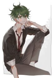 Rule 34 | 1boy, alternate costume, amami rantaro, antenna hair, arm support, brown pants, closed mouth, collarbone, collared shirt, commentary request, danganronpa (series), danganronpa v3: killing harmony, ear piercing, earrings, green eyes, green hair, highres, jewelry, knee up, long sleeves, looking at viewer, loose necktie, male focus, messy hair, migumi, necktie, pants, piercing, red necktie, school uniform, shirt, short hair, sitting, sleeves rolled up, smile, solo, striped clothes, striped necktie, striped neckwear, striped shirt, white shirt