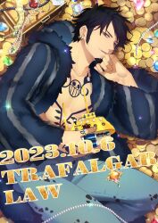 Rule 34 | 1boy, alternate costume, black hair, chest tattoo, coat, coin, denim, earrings, facial hair, figure, fur coat, gold, gold coin, grey eyes, hand tattoo, highres, holding, jeans, jewelry, male focus, on gold, one piece, pants, pile of money, polar tang, shinto s, smile, solo, submarine, tattoo, trafalgar law, treasure, treasure chest, watercraft