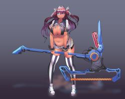 Rule 34 | absurdres, blue eyes, breasts, cleavage, collarbone, dark-skinned female, dark skin, eyepatch, gradient background, hair between eyes, hair ribbon, hat, highres, long hair, open mouth, pink hair, ribbon, sailor collar, sailor hat, short shorts, short sleeves, shorts, shoulder strap, shrug (clothing), skindentation, solo, striped clothes, striped thighhighs, striped wrist cuffs, tajyador, thighhighs, thighs, tsurime, two side up, white hat, wrist cuffs