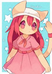 Rule 34 | 1girl, animal ears, animallain, blue background, cat, cat ears, cat girl, cat tail, closed mouth, dress, furry, furry female, highres, original, pink dress, pink eyes, pink hair, surprised, tail, white headwear