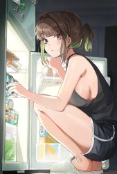 Rule 34 | 1girl, black tank top, blue nails, blush, box, breasts, brown eyes, brown hair, can, closed mouth, colored inner hair, crab, drink can, egg, fire emblem, green hair, highres, holding, juice, large breasts, looking at viewer, lyn (fire emblem), magnet, medium hair, miru (ormille), mole, mole under eye, multicolored hair, nail polish, nintendo, no bra, orange juice, original, ormille, refrigerator, refrigerator magnet, short hair, short ponytail, shorts, sideboob, slippers, soda can, tank top, thighs, two-tone hair