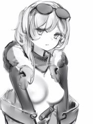 Rule 34 | 1girl, bodysuit, breasts, covered erect nipples, eyewear on head, greyscale, highres, hololive, hololive indonesia, hood, hood down, kaela kovalskia, large breasts, long hair, looking at viewer, monochrome, nanashi (nlo), parted lips, simple background, solo, sunglasses, upper body, virtual youtuber, white background