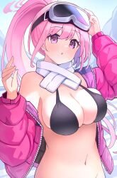 Rule 34 | 1girl, bikini, black bikini, blue archive, blush, breasts, cleavage, eimi (blue archive), eimi (swimsuit) (blue archive), goggles, goggles on head, halo, highres, jacket, large breasts, long hair, long sleeves, navel, nomio, official alternate costume, open clothes, open jacket, parted lips, pink eyes, pink hair, pink halo, pink jacket, ponytail, solo, swimsuit, upper body, very long hair