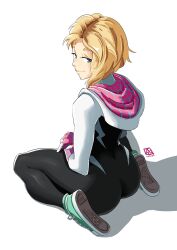 Rule 34 | 1girl, ass, asymmetrical hair, automatic giraffe, blonde hair, blue eyes, bodysuit, closed mouth, from behind, full body, gwen stacy, highres, hood, hood down, hooded bodysuit, looking back, marvel, shoes, short hair, sitting, sneakers, solo, spider-gwen, spider-man: across the spider-verse, spider-man: into the spider-verse, spider-man (series), spider-verse, spider web print, wariza