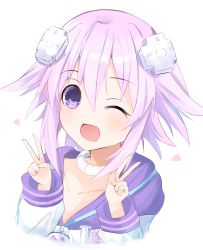 Rule 34 | bimmy, breasts, choker, excoted, hair ornament, hairclip, happy, highres, hood, hoodie, neptune (neptunia), neptune (series), one eye closed, open mouth, parka, purple eyes, purple hair, short hair, small breasts, v, wink
