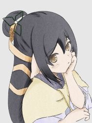 Rule 34 | 1girl, aburahamu, animal ears, aquaplus, arm up, black hair, blush, brown eyes, eyes visible through hair, from above, from side, gradient eyes, hair between eyes, hair ornament, hair over one eye, high ponytail, kuon (utawarerumono), long hair, looking at viewer, multicolored eyes, ponytail, pout, scarf, sidelocks, solo, swept bangs, upper body, utawarerumono, utawarerumono: itsuwari no kamen, very long hair, wide sleeves, yellow scarf