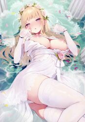 Rule 34 | 1girl, absurdres, blonde hair, blue eyes, blush, breasts, breasts out, bridal gauntlets, dress, flower, highres, kawaraya koh, large breasts, long hair, looking at viewer, lying, nipples, no bra, non-web source, on side, original, panties, parted lips, partially submerged, petals, petals on liquid, pink flower, pink rose, rose, solo, thighhighs, thighs, underwear, wedding dress, wet, wet clothes, white dress, white thighhighs