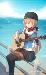 Rule 34 | 1girl, aticsanir, black bow, black footwear, black gloves, black hat, black skirt, blue shawl, boots, bow, brown hair, closed eyes, collared shirt, day, fingerless gloves, fur hat, gloves, guitar, hair bow, hat, highres, instrument, jacket, kantai collection, long hair, low twintails, music, ocean, open mouth, outdoors, pantyhose, papakha, playing instrument, pleated skirt, red shirt, scarf, shawl, shirt, sitting, skirt, smile, solo, tashkent (kancolle), thigh boots, torn clothes, torn scarf, twintails, untucked shirt, white jacket, white scarf