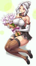 Rule 34 | 1girl, absurdres, bare shoulders, black skirt, blush, bow, breasts, dot nose, elbow gloves, flower, gloves, highres, holding, labiata (last origin), large breasts, last origin, looking at viewer, maid, maid headdress, miniskirt, red eyes, simple background, sitting, skin tight, skirt, smile, solo, taut clothes, thick thighs, thighhighs, thighs, toothbrushking, white gloves, white hair, wide hips, zettai ryouiki