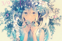 Rule 34 | 1girl, 39, aqua eyes, aqua hair, aqua nails, bad id, bad pixiv id, blue flower, blurry, bokeh, cacao (chocotto), collared shirt, depth of field, flower, frilled shirt, frills, gradient hair, hands up, hatsune miku, headphones, heart, holding, holding flower, leaf, long hair, looking at viewer, multicolored hair, nail polish, necktie, pinky out, shirt, sleeveless, sleeveless shirt, smile, solo, sparkling eyes, star (symbol), star in eye, symbol in eye, twintails, upper body, vocaloid, white hair