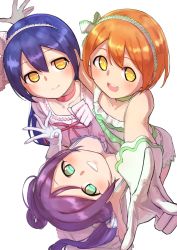 Rule 34 | 10s, 3girls, blue hair, blush, breasts, choker, cleavage, commentary request, downblouse, dress, from above, gloves, goe (g-o-e), green eyes, hair between eyes, hair ribbon, highres, hoshizora rin, large breasts, lily white (love live!), long hair, looking at viewer, love live!, love live! school idol festival, love live! school idol project, low twintails, multiple girls, open mouth, orange hair, purple hair, ribbon, scrunchie, shiranai love oshiete love, short hair, simple background, smile, sonoda umi, tojo nozomi, twintails, white background, yellow eyes