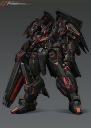 Rule 34 | glowing, grey background, gun, highres, holding, holding gun, holding weapon, korean commentary, looking down, mecha, open hand, original, robot, science fiction, shadow, solo, superphotrone, visor, weapon